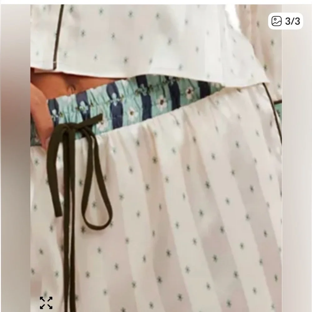 Free People Cream Satin Short Pajama Set with Blue-Green Printed Trim - Picture 3 of 3